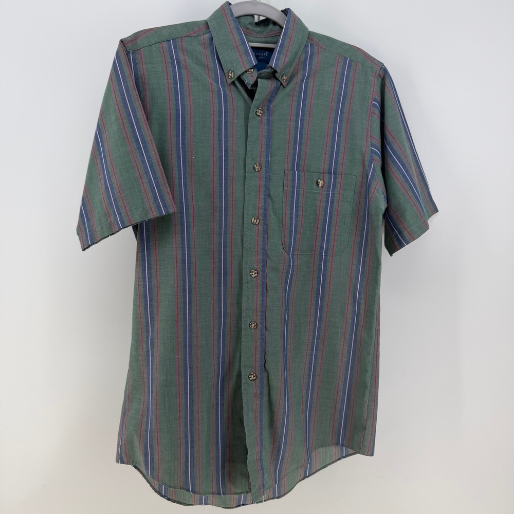 Vintage Towncraft Button Down Shirt Mens Small Green Striped Short Sleeve 90s